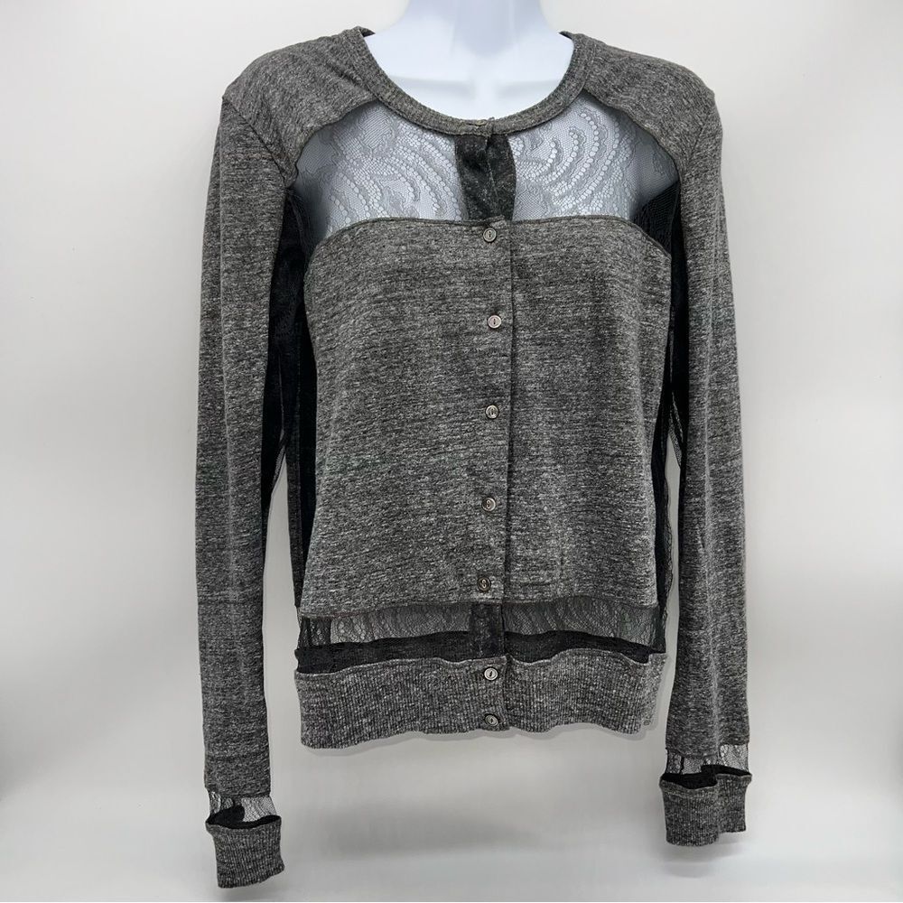 Chloe 100% Gray Cotton Cardigan Sweater Delicate Black Sheer Lace Accents Size M